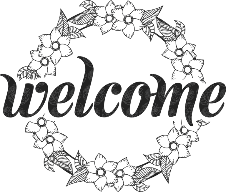 Welcome wreath with hand-drawn flowers and script lettering in a circular floral arrangement, Grey Barn Handwerk, Saskatchewan.